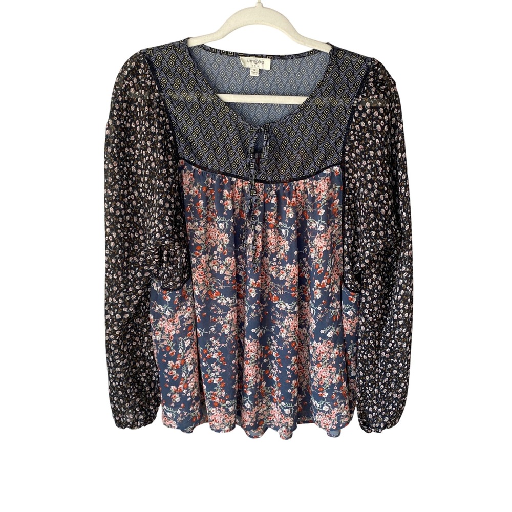 Umgee Womens Mixed Print Floral Geometric Boho Blouse Blue Black Size M